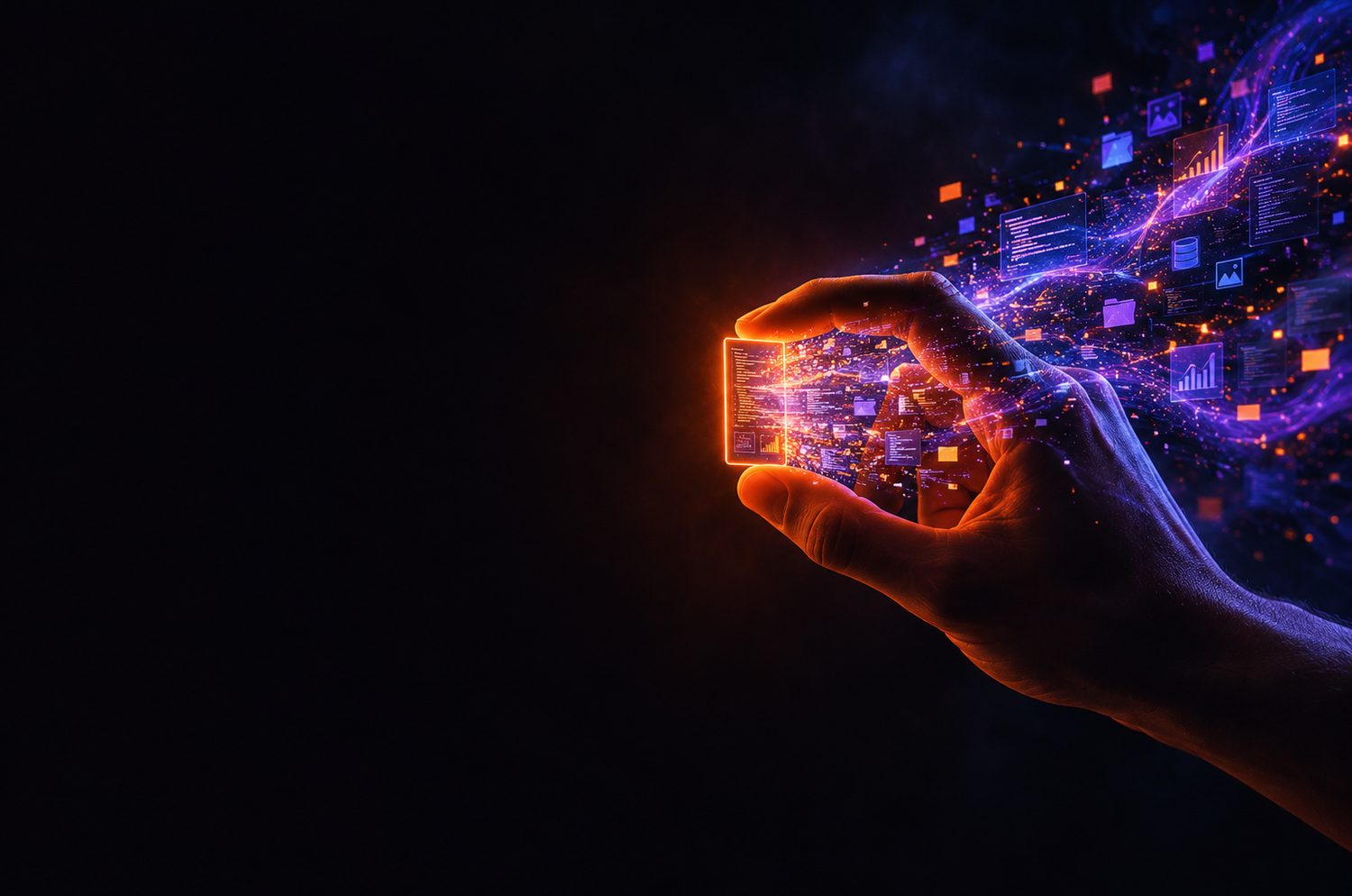 A hand holding a small glowing screen that dissolves into a stream of data, charts and interface fragments