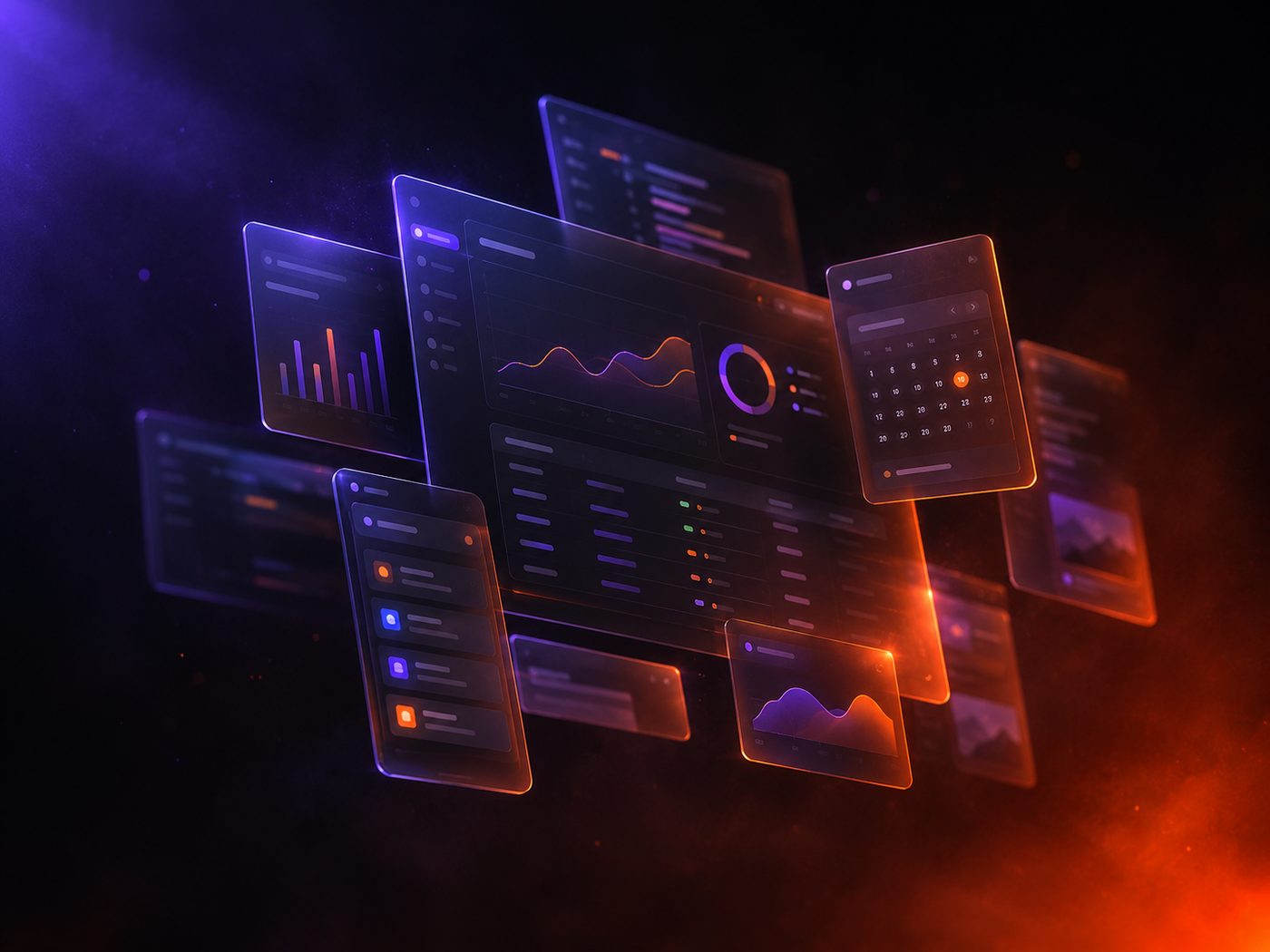 Translucent dashboard panels floating in the dark — charts, a data table and a calendar, lit in orange and violet