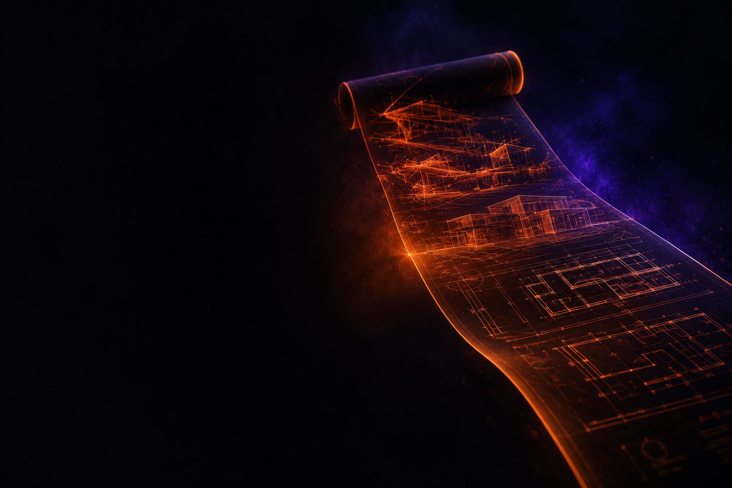 A long blueprint unrolling through the dark, its lines glowing orange and resolving from loose sketch into finished geometry